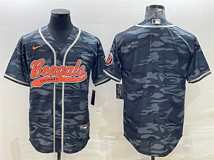 Personalized Men’s Cincinnati Bengals Blank Grey Camo With Patch Cool Base Stitched Baseball Jersey