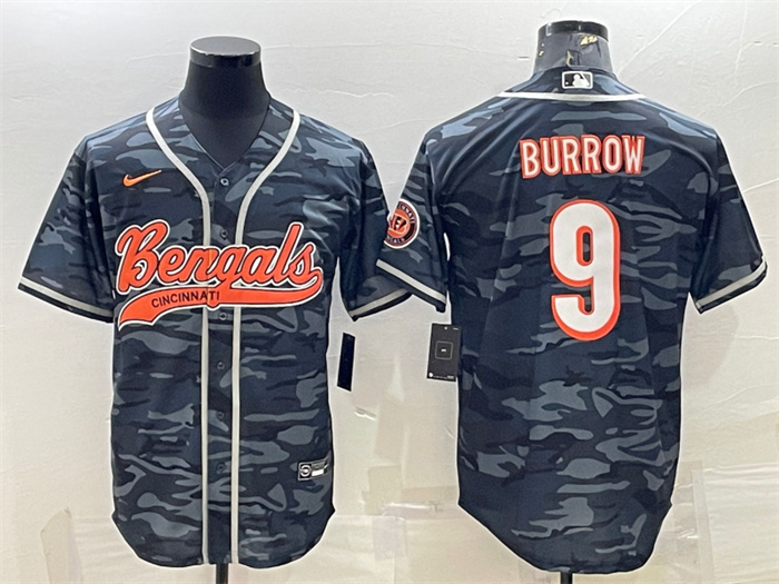 Personalized Men’s Cincinnati Bengals #9 Joe Burrow Grey Camo With Patch Cool Base Stitched Baseball Jersey