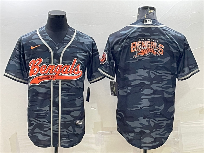 Personalized Men’s Cincinnati Bengals Grey Camo Team Big Logo With Patch Cool Base Stitched Baseball Jersey