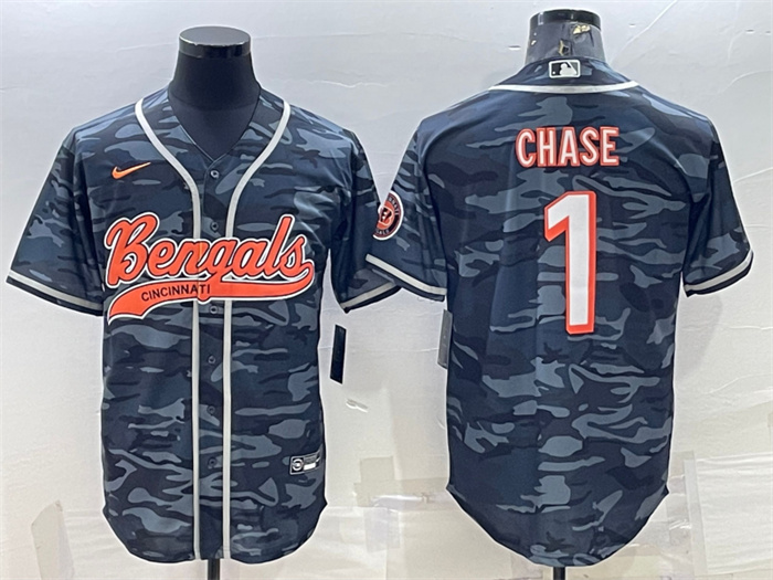 Personalized Men’s Cincinnati Bengals #1 Ja’Marr Chase Grey Camo With Patch Cool Base Stitched Baseball Jersey