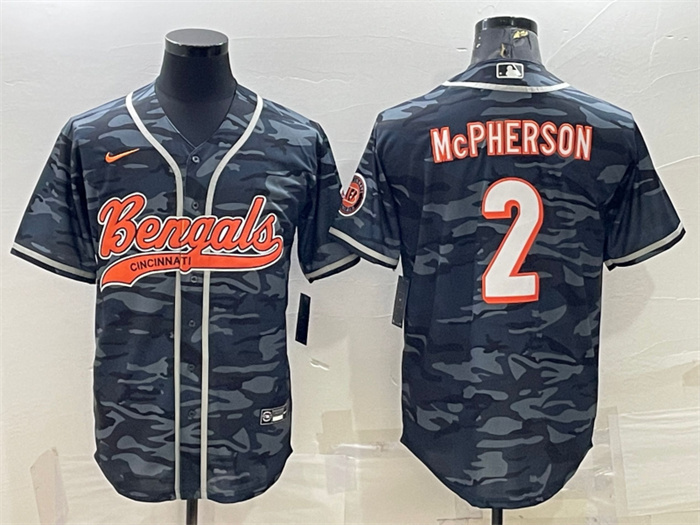 Personalized Men’s Cincinnati Bengals #2 Evan McPherson Grey Camo With Patch Cool Base Stitched Baseball Jersey