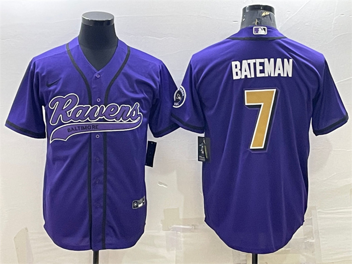 Personalized Men’s Baltimore Ravens #7 Rashod Bateman Purple Gold With Patch Cool Base Stitched Baseball Jersey
