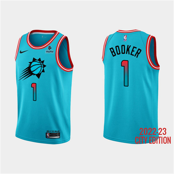 Personalized Men’s Phoenix Suns #1 Devin Booker Blue 2022 23 City Edition With Black Payple Logo Stitched Basketball Jersey