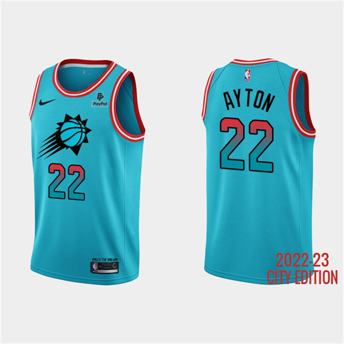Personalized Men’s Phoenix Suns #22 Deandre Ayton Blue 2022 23 City Edition With Black Payple Patch Stitched Basketball Jersey