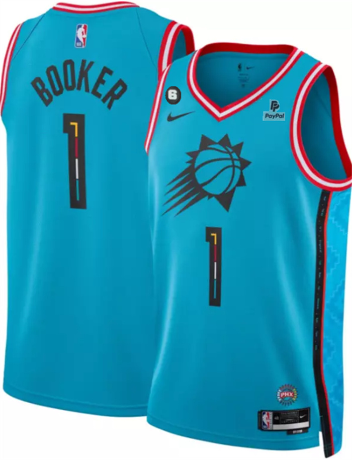 Personalized Men’s Phoenix Suns #1 Devin Booker Blue 2022 23 City Edition With NO.6 And Payple Patch Stitched Basketball Jersey