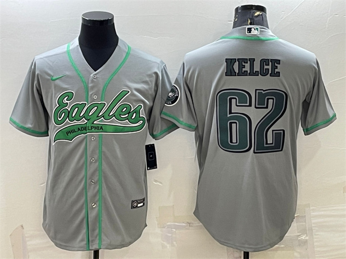 Personalized Men’s Philadelphia Eagles #62 Jason Kelce Gray With Patch Cool Base Stitched Baseball JerseyS