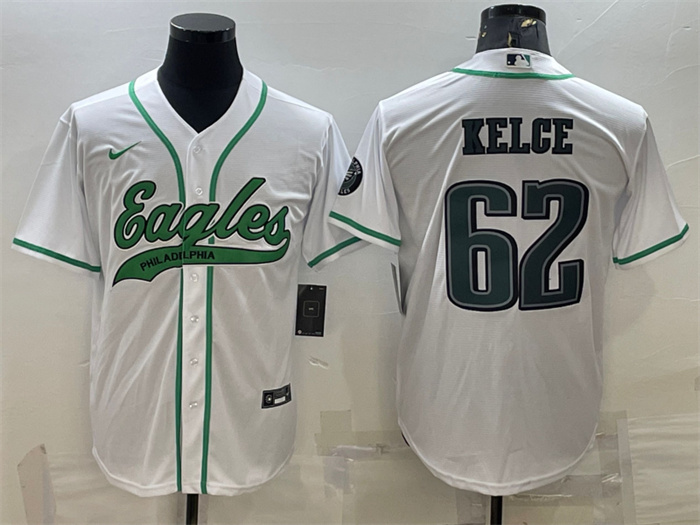 Personalized Men’s Philadelphia Eagles #62 Jason Kelce White With Patch Cool Base Stitched Baseball Jersey
