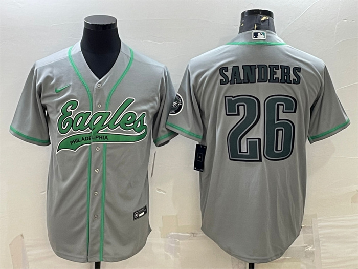 Personalized Men’s Philadelphia Eagles #26 Miles Sanders Gray With Patch Cool Base Stitched Baseball JerseyS