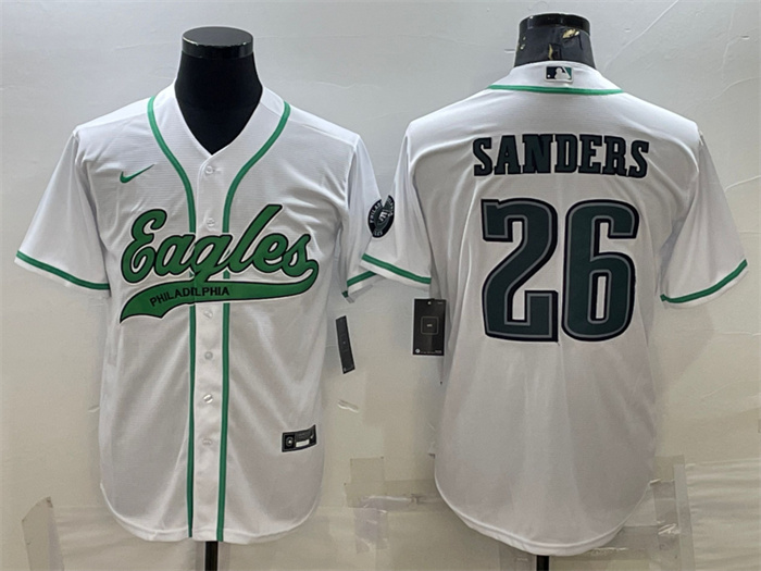 Personalized Men’s Philadelphia Eagles #26 Miles Sanders White With Patch Cool Base Stitched Baseball Jersey