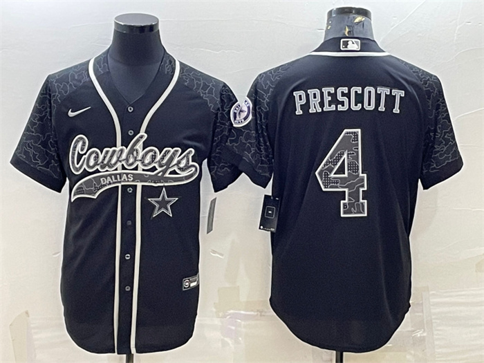 Personalized Men’s Dallas Cowboys #4 Dak Prescott Black Reflective With Patch Cool Base Stitched Baseball Jersey
