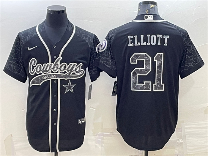 Personalized Men’s Dallas Cowboys #21 Ezekiel Elliott Black Reflective With Patch Cool Base Stitched Baseball Jersey