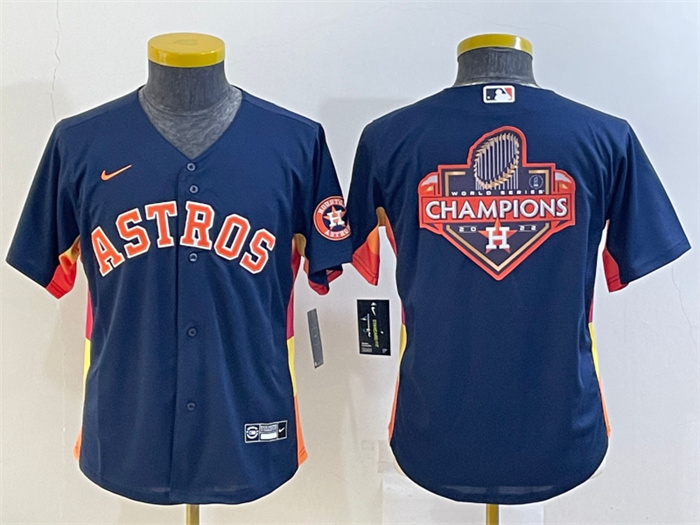 Personalized Youth Houston Astros Navy 2022 World Series Champions Team Big Logo With Patch Cool Base Stitched Jersey