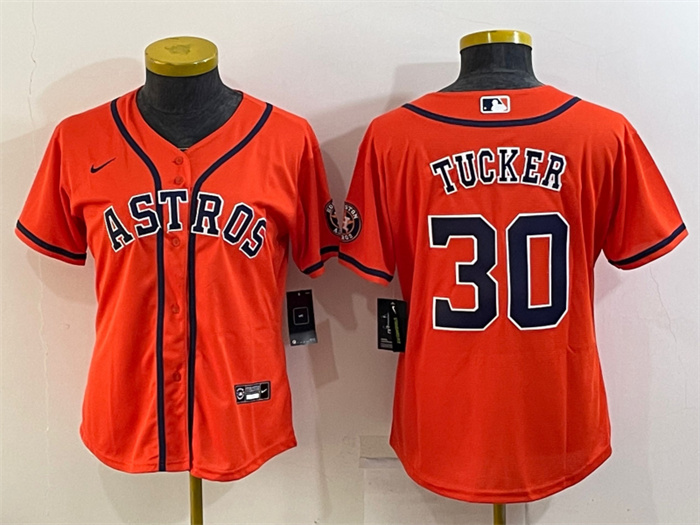 Personalized Women’s Houston Astros #30 Kyle Tucker Orange With Patch Cool Base Stitched Baseball Jersey(Run Small)