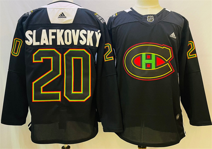Personalized Men’s Montreal Canadiens #20 Juraj Slafkovsky 2022 Black Warm Up History Night Stitched Jersey