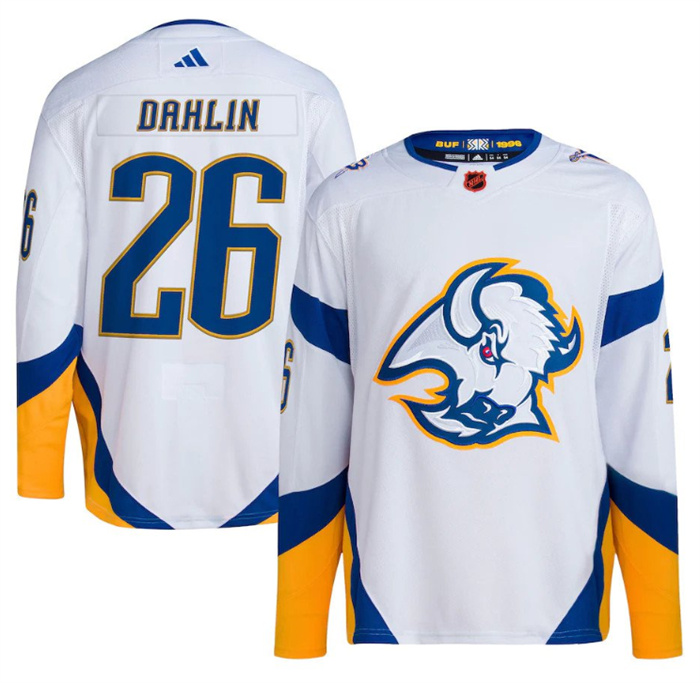 Personalized Men’s Buffalo Sabres #26 Rasmus Dahlin White 2022 23 Reverse Retro Stitched Jersey