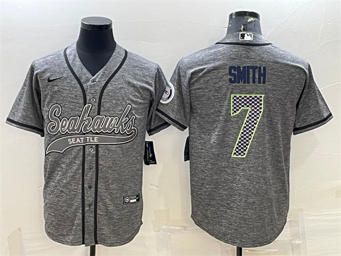 Personalized Men’s Seattle Seahawks #7 Geno Smith Grey With Patch Cool Base Stitched Baseball Jersey