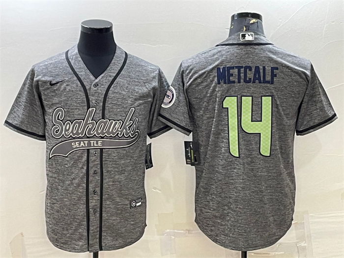 Personalized Men’s Seattle Seahawks #14 DK Metcalf Grey With Patch Cool Base Stitched Baseball Jersey
