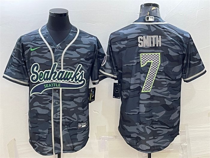 Personalized Men’s Seattle Seahawks #7 Geno Smith Grey Camo With Patch Cool Base Stitched Baseball Jersey