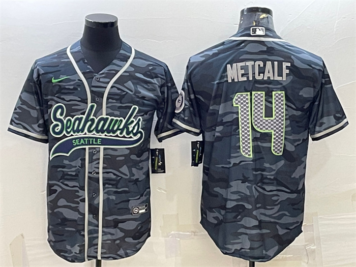 Personalized Men’s Seattle Seahawks #14 DK Metcalf Grey Camo With Patch Cool Base Stitched Baseball Jersey