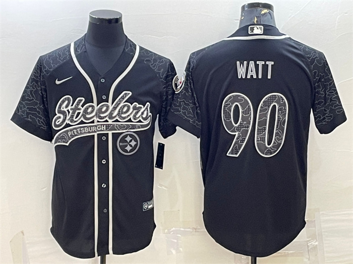 Personalized Men’s Pittsburgh Steelers #90 T.J. Watt Black Reflective With Patch Cool Base Stitched Baseball Jersey