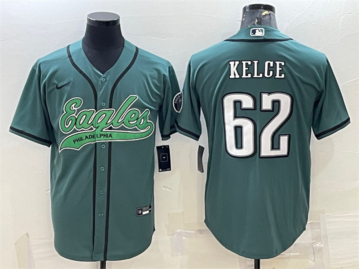 Personalized Men’s Philadelphia Eagles #62 Jason Kelce Green With Patch Cool Base Stitched Baseball Jersey