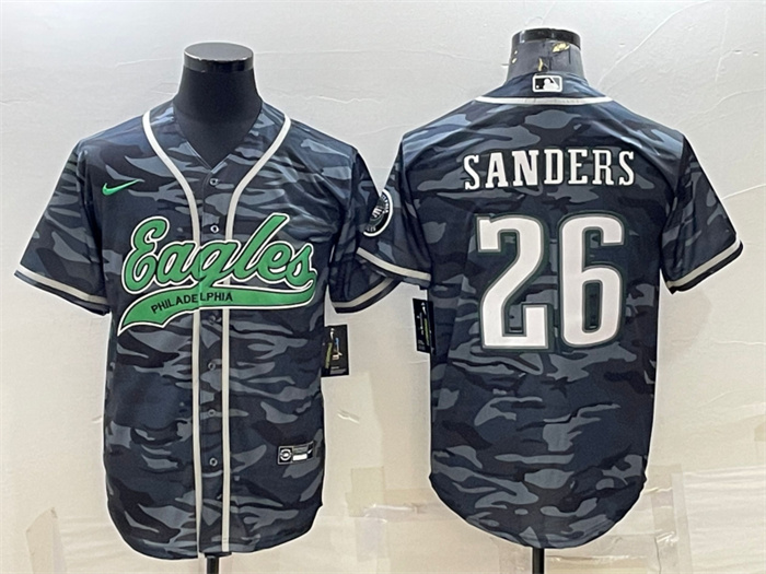Personalized Men’s Philadelphia Eagles #26 Miles Sanders Grey Camo With Patch Cool Base Stitched Baseball Jersey