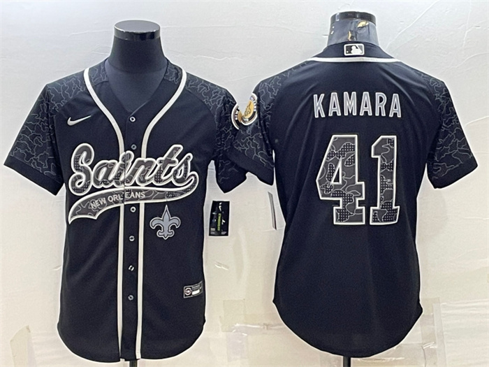 Personalized Men’s New Orleans Saints #41 Alvin Kamara Black Reflective With Patch Cool Base Stitched Baseball Jersey