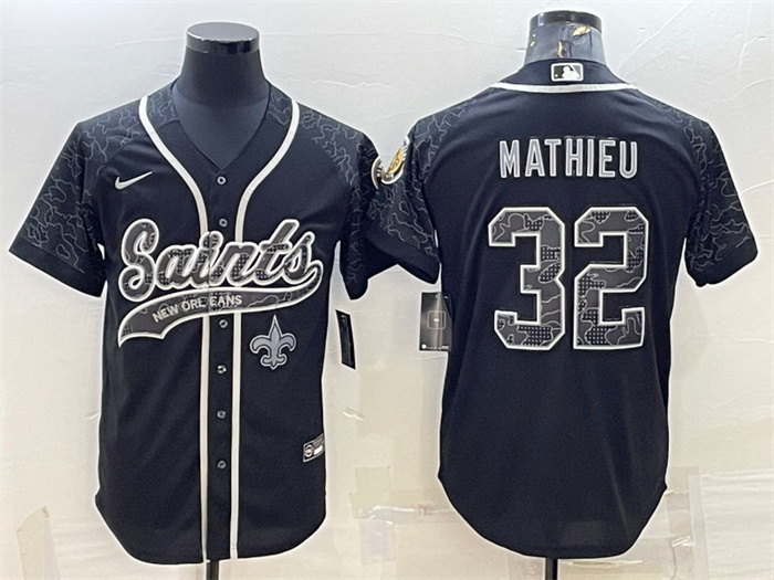 Personalized Men’s New Orleans Saints #32 Tyrann Mathieu Black Reflective With Patch Cool Base Stitched Baseball Jersey