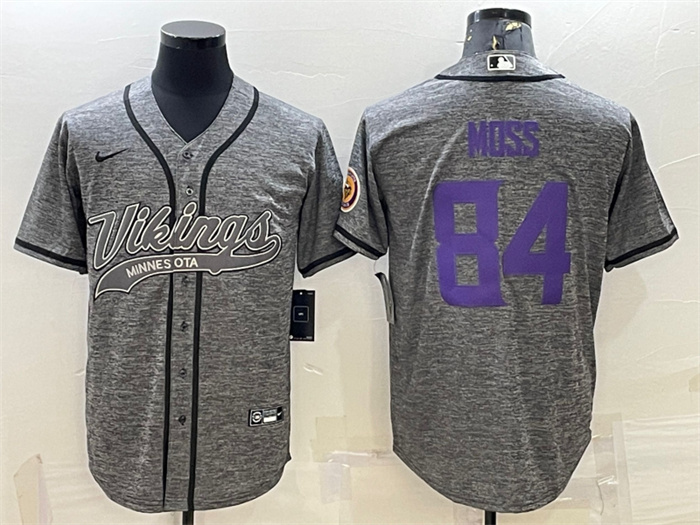 Personalized Men’s Minnesota Vikings #84 Randy Moss Grey With Patch Cool Base Stitched Baseball Jersey