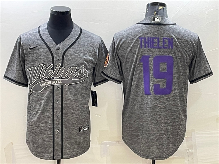 Personalized Men’s Minnesota Vikings #19 Adam Thielen Grey With Patch Cool Base Stitched Baseball Jersey