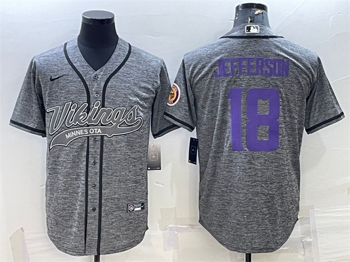 Personalized Men’s Minnesota Vikings #18 Justin Jefferson Grey With Patch Cool Base Stitched Baseball Jersey
