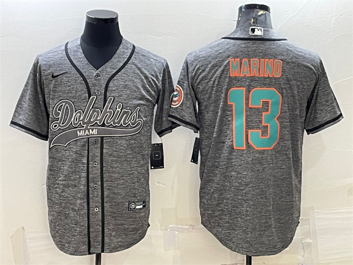 Personalized Men’s Miami Dolphins #13 Dan Marino Grey With Patch Cool Base Stitched Baseball Jersey