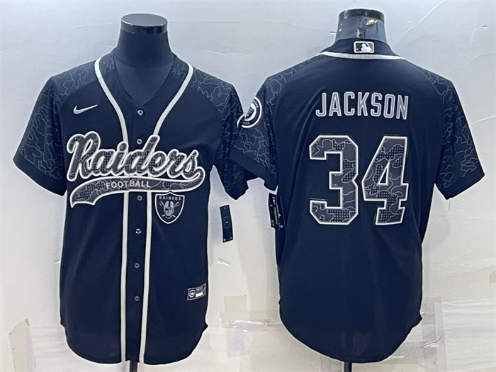 Personalized Men’s Las Vegas Raiders #34 Bo Jackson Black Reflective With Patch Cool Base Stitched Baseball Jersey