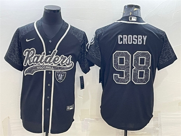 Personalized Men’s Las Vegas Raiders #98 Maxx Crosby Black Reflective With Patch Cool Base Stitched Baseball Jersey
