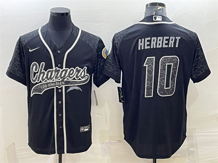 Personalized Men’s Los Angeles Chargers #10 Justin Herbert Black Reflective With Patch Cool Base Stitched Baseball Jersey