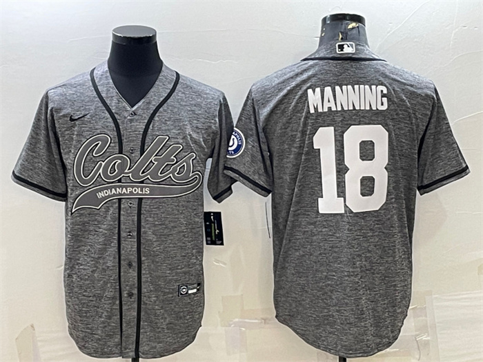 Personalized Men’s Indianapolis Colts #18 Peyton Manning Grey With Patch Cool Base Stitched Baseball Jersey