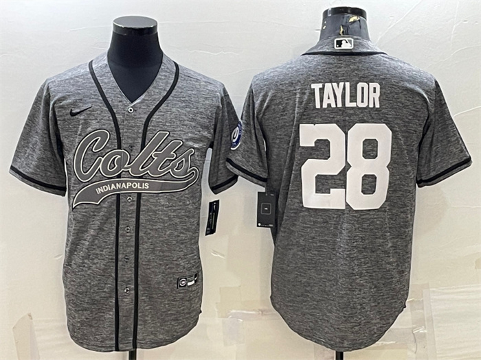 Personalized Men’s Indianapolis Colts #28 Jonathan Taylor Grey With Patch Cool Base Stitched Baseball Jersey