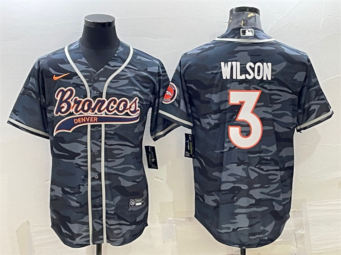 Personalized Men’s Denver Broncos #3 Russell Wilson Grey Camo With Patch Cool Base Stitched Baseball Jersey
