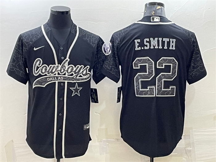 Personalized Men’s Dallas Cowboys #22 Emmitt Smith Black Reflective With Patch Cool Base Stitched Baseball Jersey