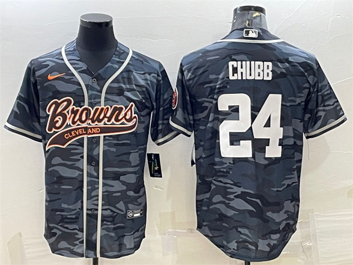Personalized Men’s Cleveland Browns #24 Nick Chubb Grey Camo With Patch Cool Base Stitched Baseball Jersey