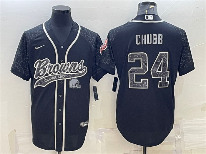 Personalized Men’s Cleveland Browns #24 Nick Chubb Black Reflective With Patch Cool Base Stitched Baseball Jersey