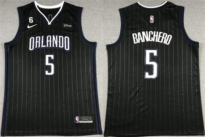Personalized Men’s Orlando Magic #5 Paolo Banchero Black With No.6 Patch Icon Edition Stitched Swingman Jersey