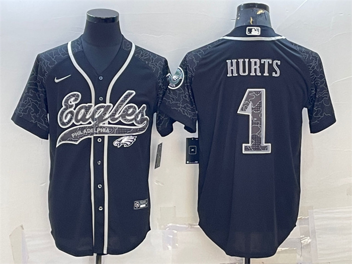 Personalized Men’s Philadelphia Eagles #1 Jalen Hurts Black Reflective With Patch Cool Base Stitched Baseball Jersey