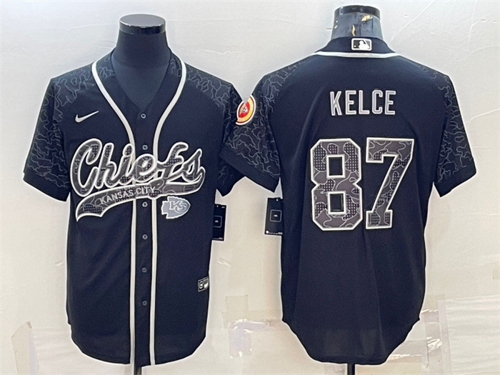 Personalized Men’s Kansas City Chiefs #87 Travis Kelce Black Reflective With Patch Cool Base Stitched Baseball Jersey