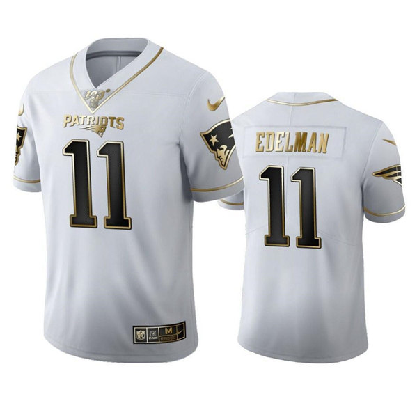 Personalized Men’s New England Patriots #11 Julian Edelman White 100th Season Golden Edition Stitched Jersey