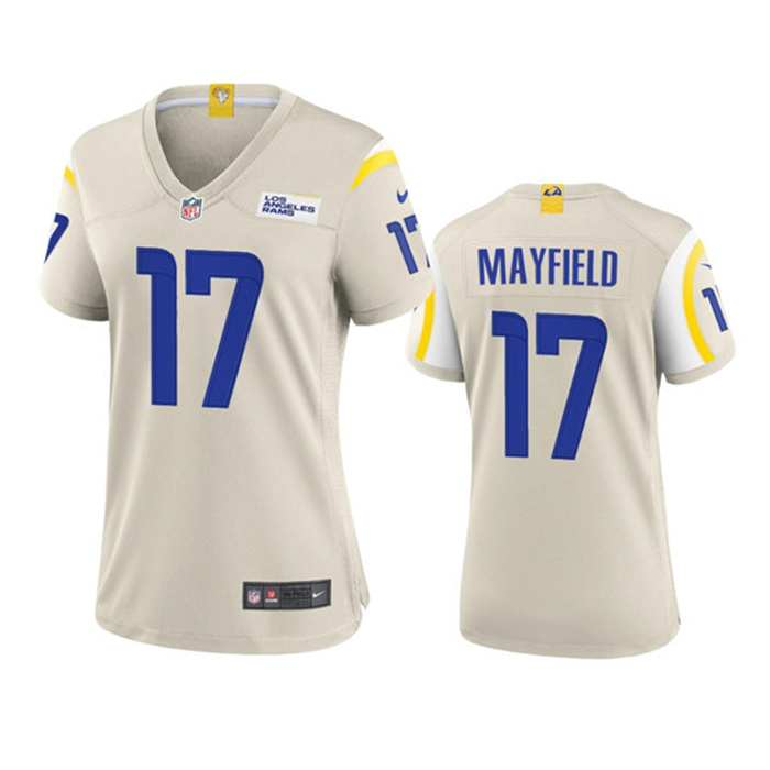 Personalized Women’s Los Angeles Rams #17 Baker Mayfield Bone Stitched Game Jersey(Run Small)