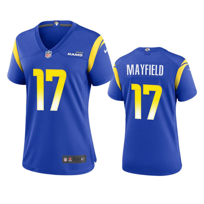 Personalized Women’s Los Angeles Rams #17 Baker Mayfield Royal Stitched Game Jersey(Run Small)