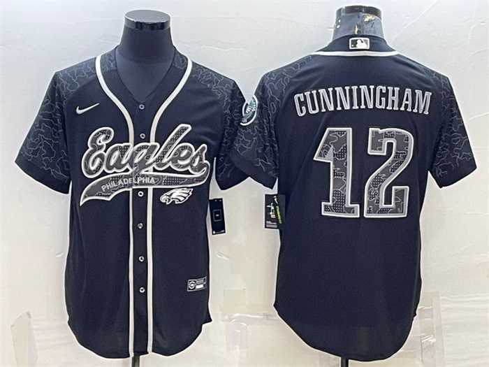 Personalized Men’s Philadelphia Eagles #12 Randall Cunningham Black Reflective With Patch Cool Base Stitched Baseball Jersey