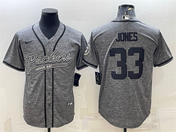 Personalized Men’s Green Bay Packers #33 Aaron Jones Grey With Patch Cool Base Stitched Baseball Jersey