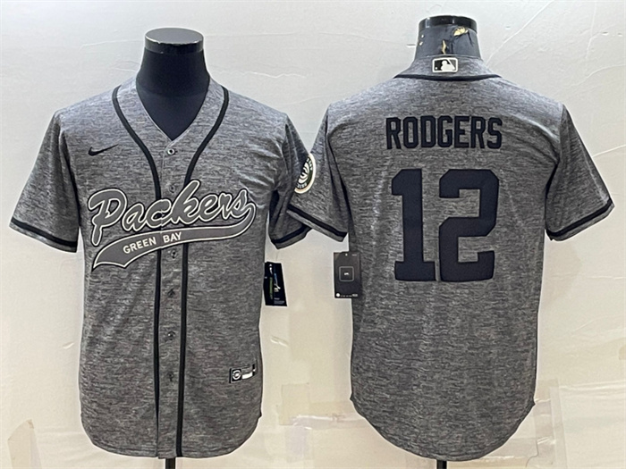 Personalized Men’s Green Bay Packers #12 Aaron Rodgers Grey With Patch Cool Base Stitched Baseball Jersey